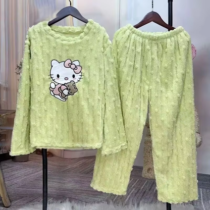 Hello Kitty Coral Velvet Pajamas – Cute Thickened Flannel Trousers & Sweet Homewear for Women