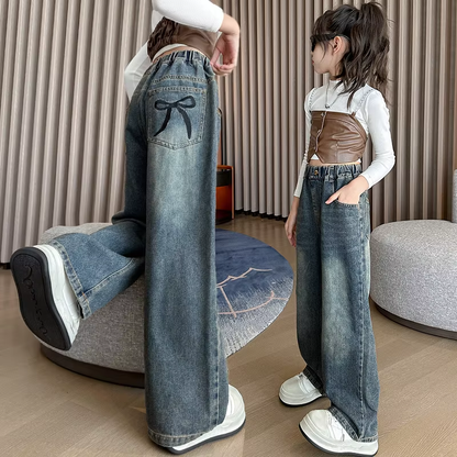 Girl Pocket Bow Embroidery Jeans – Trendy Wide Leg Denim Pants for Teens, Loose Trousers for Spring & Autumn (4-14 Years)