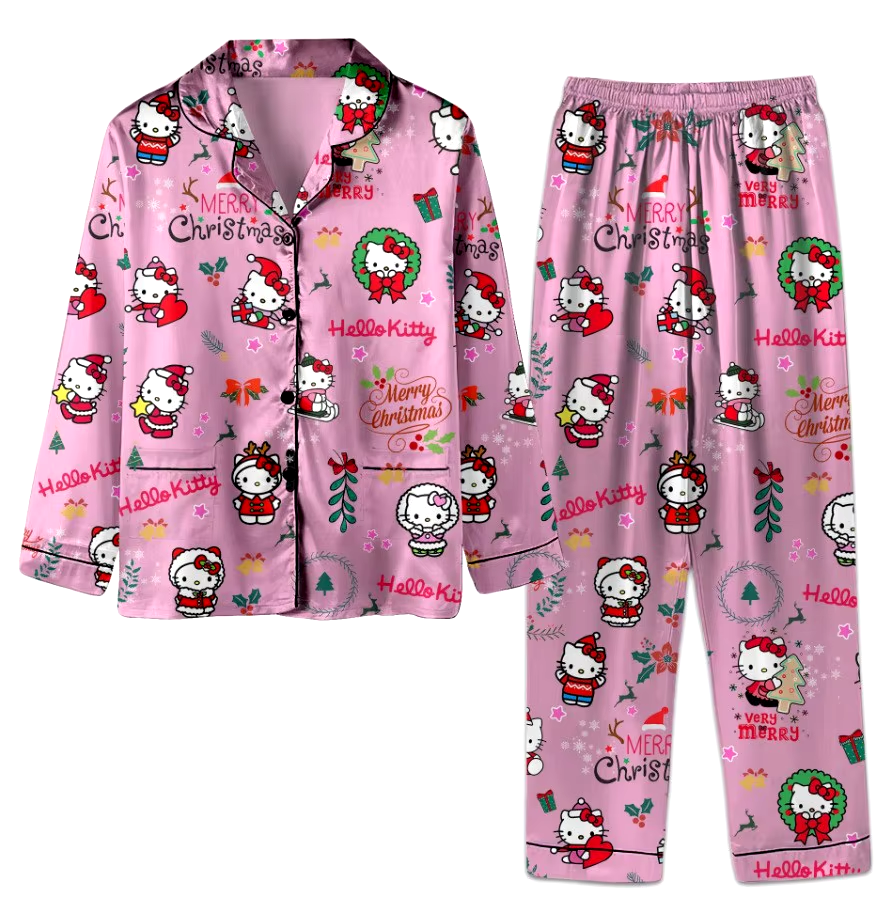 Gemütliches Kawaii Hello Kitty Weihnachtspyjama-Set – trendige Unisex-Langarmshirts und -Hosen für alle Jahreszeiten!