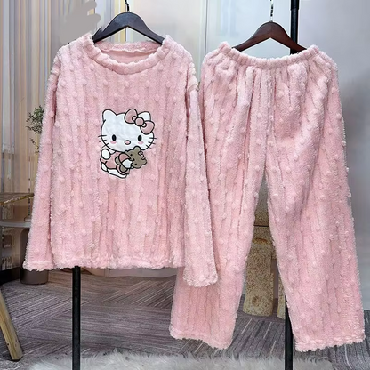 Hello Kitty Coral Velvet Pajamas – Cute Thickened Flannel Trousers & Sweet Homewear for Women