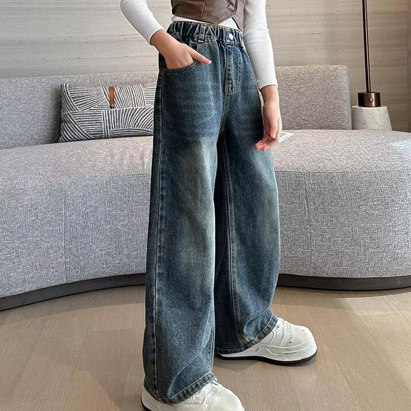 Girl Pocket Bow Embroidery Jeans – Trendy Wide Leg Denim Pants for Teens, Loose Trousers for Spring & Autumn (4-14 Years)