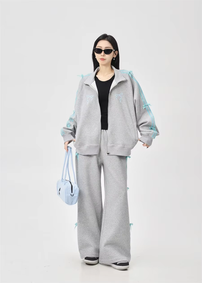 Chic Bow Suit Set - Korean Street Style Two-Piece with Wide-Leg Pants