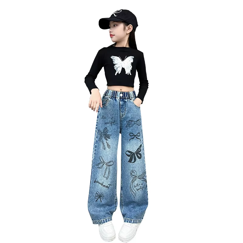 Girls Hand-Drawn Graffiti Jeans – Trendy Wide Leg Denim Pants for Teens, Loose Trousers for Spring & Autumn (4-15 yrs)