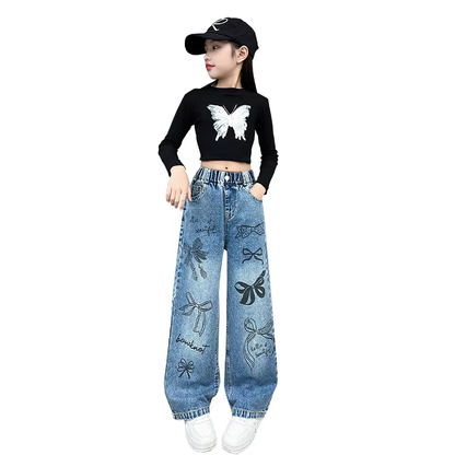 Girls Hand-Drawn Graffiti Jeans – Trendy Wide Leg Denim Pants for Teens, Loose Trousers for Spring & Autumn (4-15 yrs)