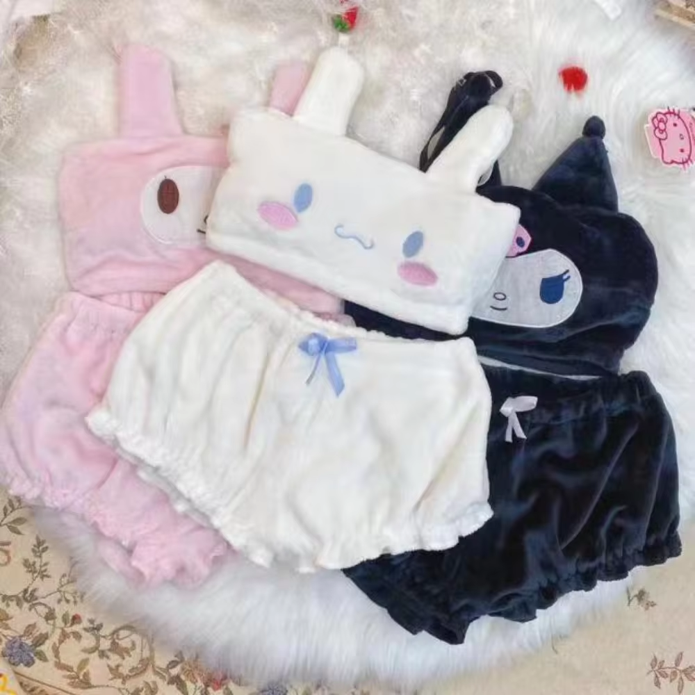 Sanrio Kuromi, My Melody & Cinnamoroll Fluffy Pajama Set – Sexy Cartoon Flannel Suspender Shorts for Girls, Cute Gift