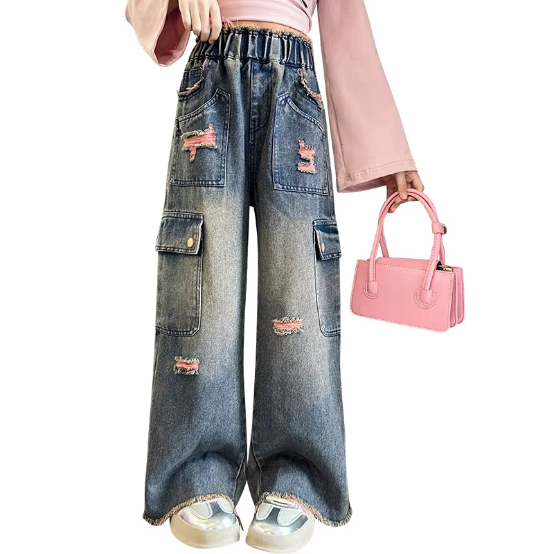 Girls Retro Denim Overalls – Western Style with Big Pockets, Wide Leg Design for Kids (5-15 Years).