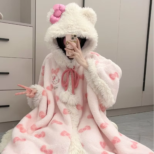 New Kitty Heart Pajamas – Plus Velvet Thickened Hooded Cloak Bathrobe, Kawaii Warm Home Wear