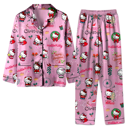 Gemütliches Kawaii Hello Kitty Weihnachtspyjama-Set – trendige Unisex-Langarmshirts und -Hosen für alle Jahreszeiten!