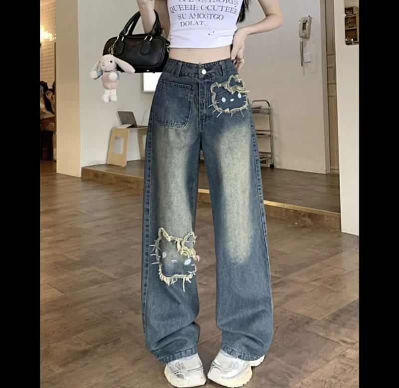 Kitty Korean Version Streetwear Jeans Women Vintage Blue Loose Straight Trousers Cartoon Fashion Wide Leg Pants Y2k