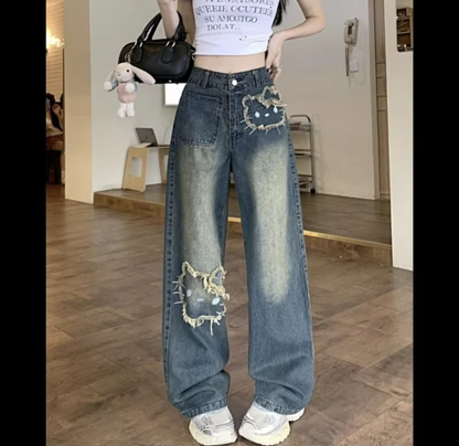 Kitty Korean Version Streetwear Jeans Women Vintage Blue Loose Straight Trousers Cartoon Fashion Wide Leg Pants Y2k