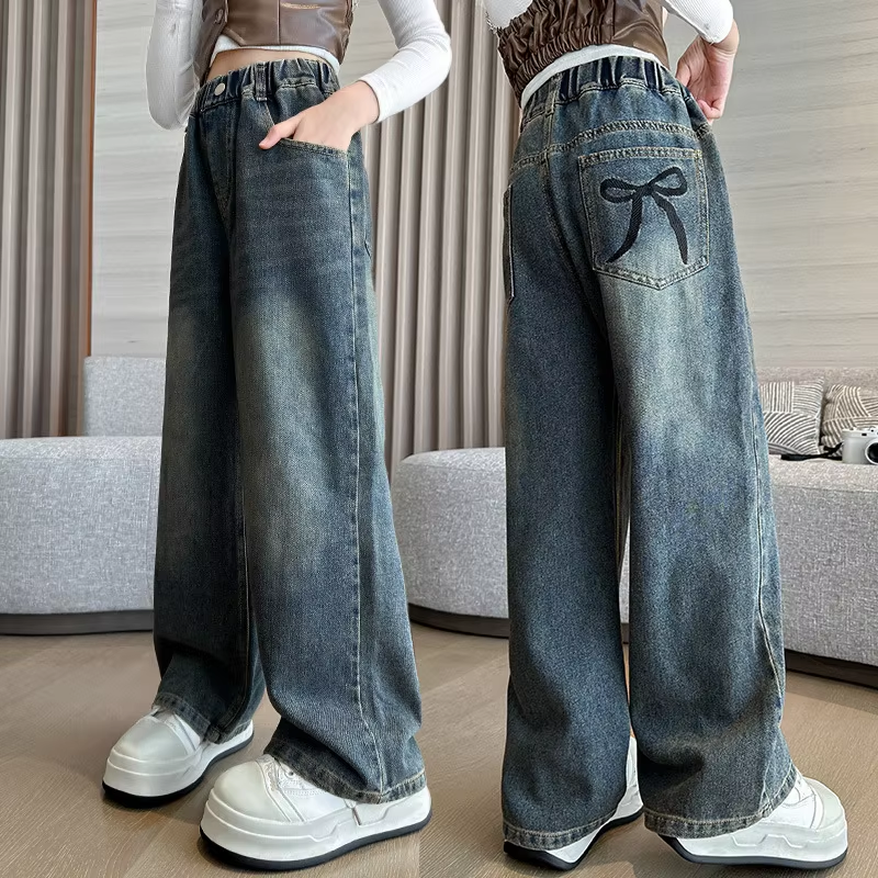 Girl Pocket Bow Embroidery Jeans – Trendy Wide Leg Denim Pants for Teens, Loose Trousers for Spring & Autumn (4-14 Years)