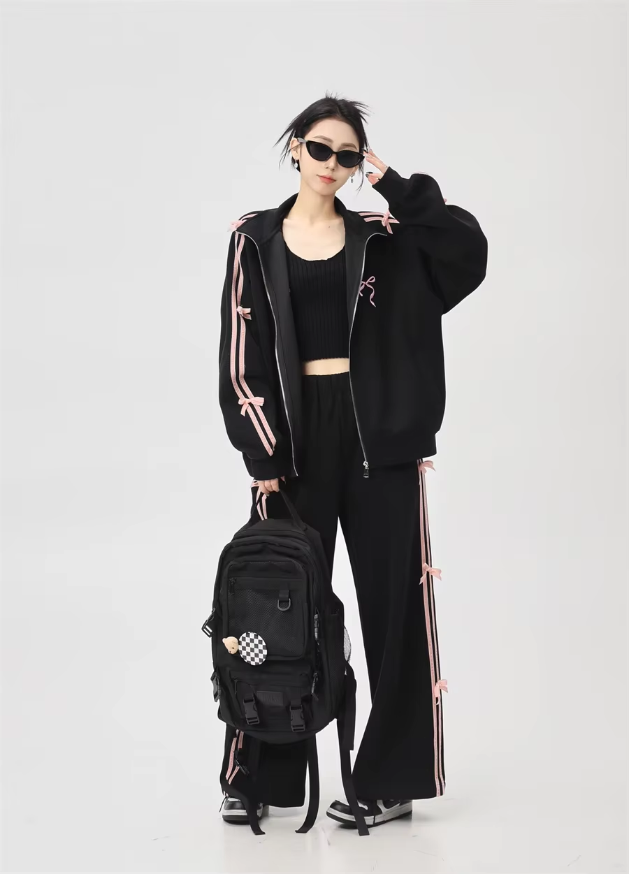 Chic Bow Suit Set - Korean Street Style Two-Piece with Wide-Leg Pants