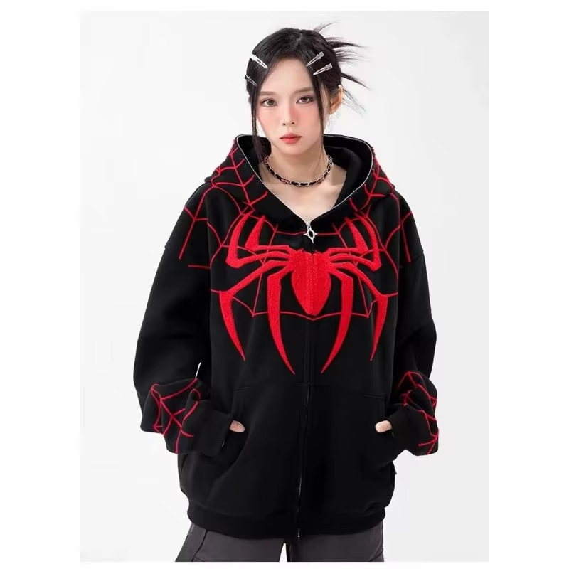 Gothic Y2K Spider Embroidered Hoodie – Oversized Harajuku Hip Hop Sweatshirt