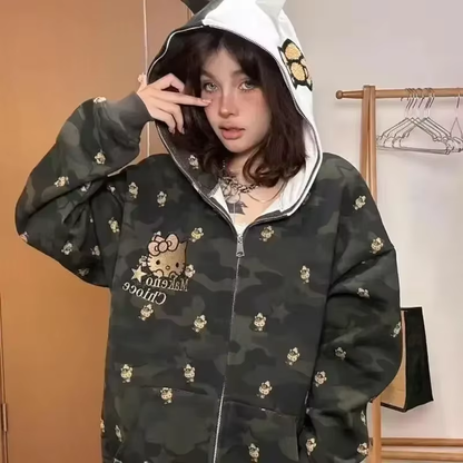 Hello Kitty Oversized Zip-Up Hoodie - Camouflage Streetwear Cardigan for Women