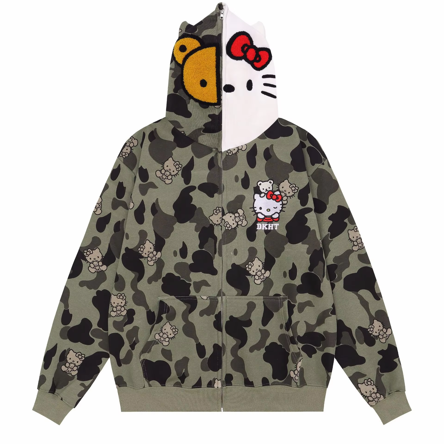 Hello Kitty Oversized Zip-Up Hoodie - Camouflage Streetwear Cardigan for Women