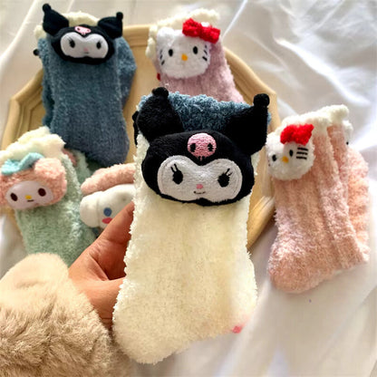 H.Kitty Kuromi Warm Coral Velvet Socks Embroidered Doll