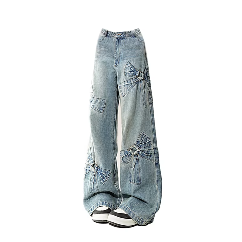 Women’s Blue Bow Jeans – Harajuku Y2K Aesthetic, Baggy Vintage Denim Trousers, Oversized 2000s Style