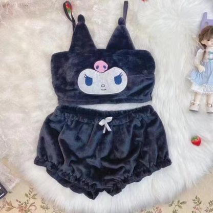 Sanrio Kuromi, My Melody & Cinnamoroll Fluffy Pajama Set – Sexy Cartoon Flannel Suspender Shorts for Girls, Cute Gift