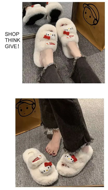 Kitty Autumn/Winter Slippers – Kawaii Furry Flip-Flops, Comfortable Flat-Bottom Home Shoes for Women