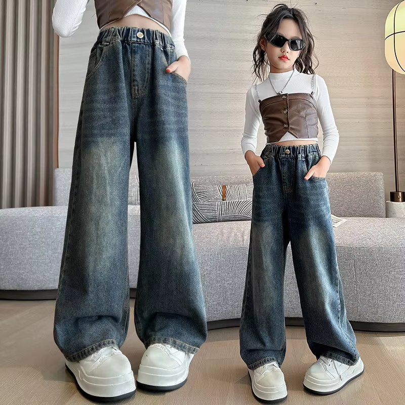 Girl Pocket Bow Embroidery Jeans – Trendy Wide Leg Denim Pants for Teens, Loose Trousers for Spring & Autumn (4-14 Years)