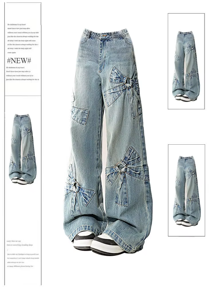 Women’s Blue Bow Jeans – Harajuku Y2K Aesthetic, Baggy Vintage Denim Trousers, Oversized 2000s Style