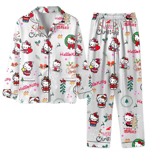 Gemütliches Kawaii Hello Kitty Weihnachtspyjama-Set – trendige Unisex-Langarmshirts und -Hosen für alle Jahreszeiten!