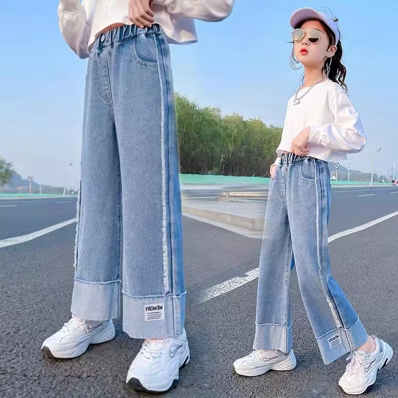 2024 Girls' Denim Wide Leg Pants – Elastic Waist, Cartoon Print, Loose Fit for Spring & Autumn